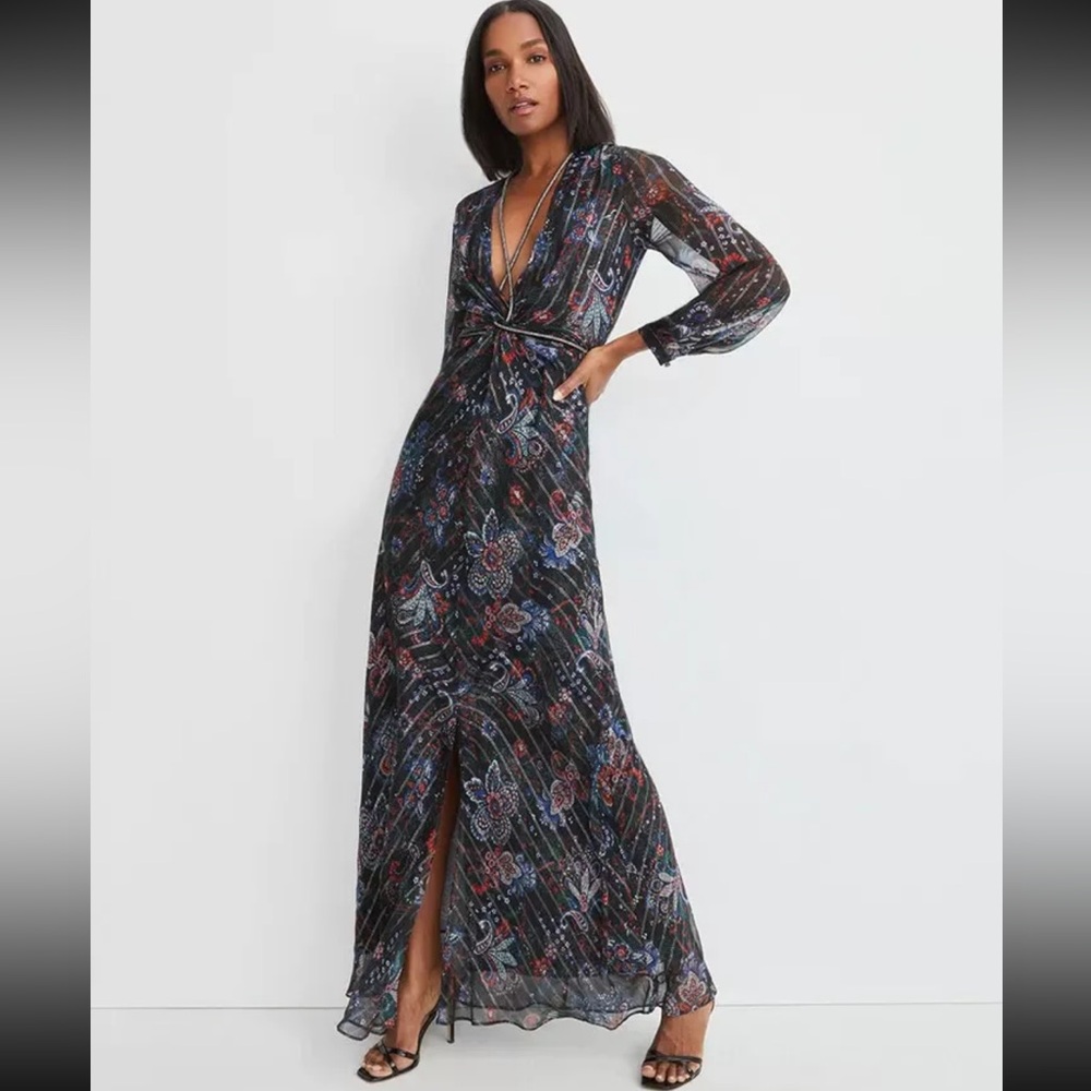Veronica Beard Kaira metallic printed silk-blend chiffon maxi dress size 10